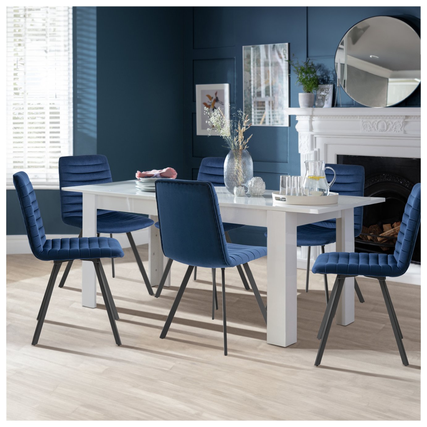 Argos Home Miami Extending Oak Dining Table & 4 Blue Chairs