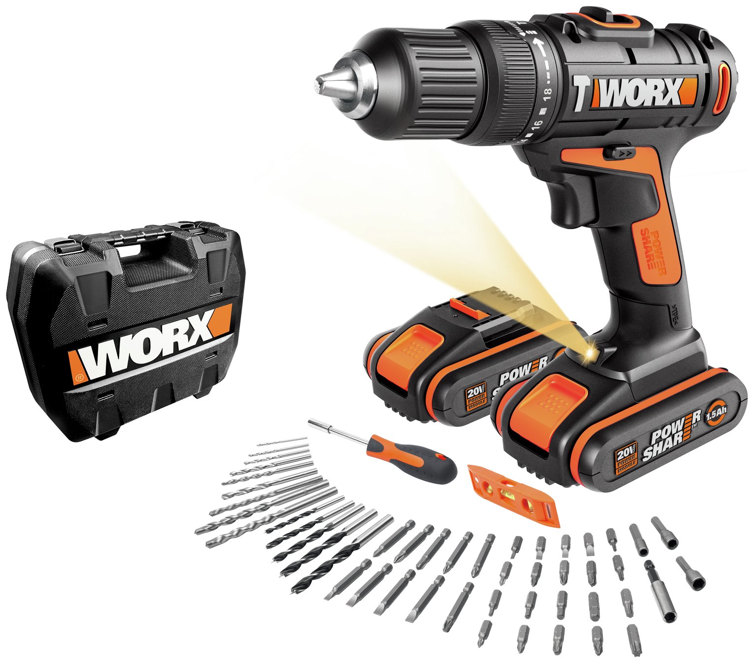 WORX WX386.4 18V 20V MAX Cordless Hammer Drill 50pc Set 8454933