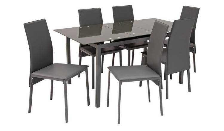 Argos Home Lido Glass Extending Dining Table & 6 Grey Chairs