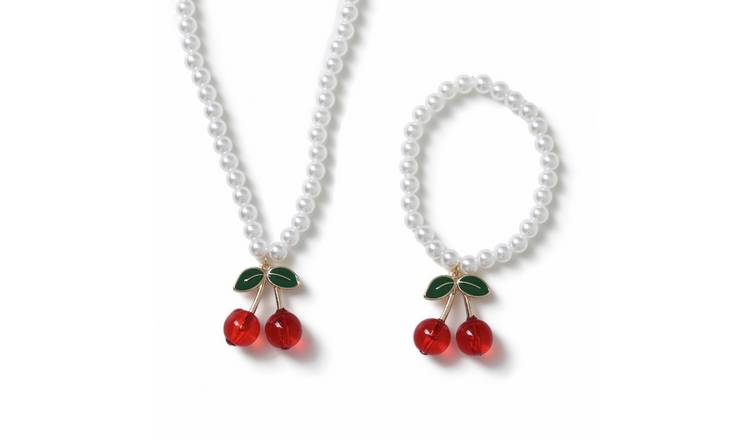 Flitzy Kids Pearl Beaded Chain Cherry Charm Jewellery Set