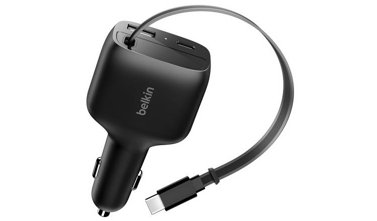 Belkin 75W USB-C & USB-A In-Car Charger with Retractable USB-C Cable - Black
