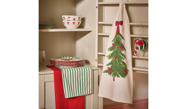 Argos Home Christmas Tree and Bow Pack of 3 Tea Towels