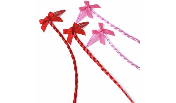 Flitzy Red and Pink Bow with Braid Hair Clips - Pack of 4