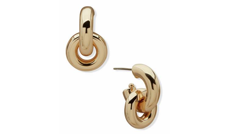 DKNY Gold Tone Puffy Interlocking Curved Shapes Drop Earrings