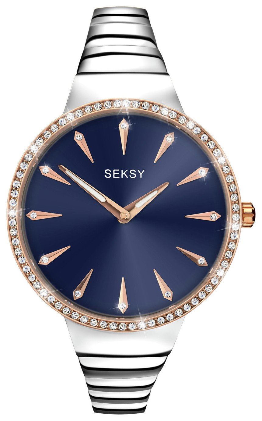 Seksy ladies silver stainless steel stone set bracelet online watch