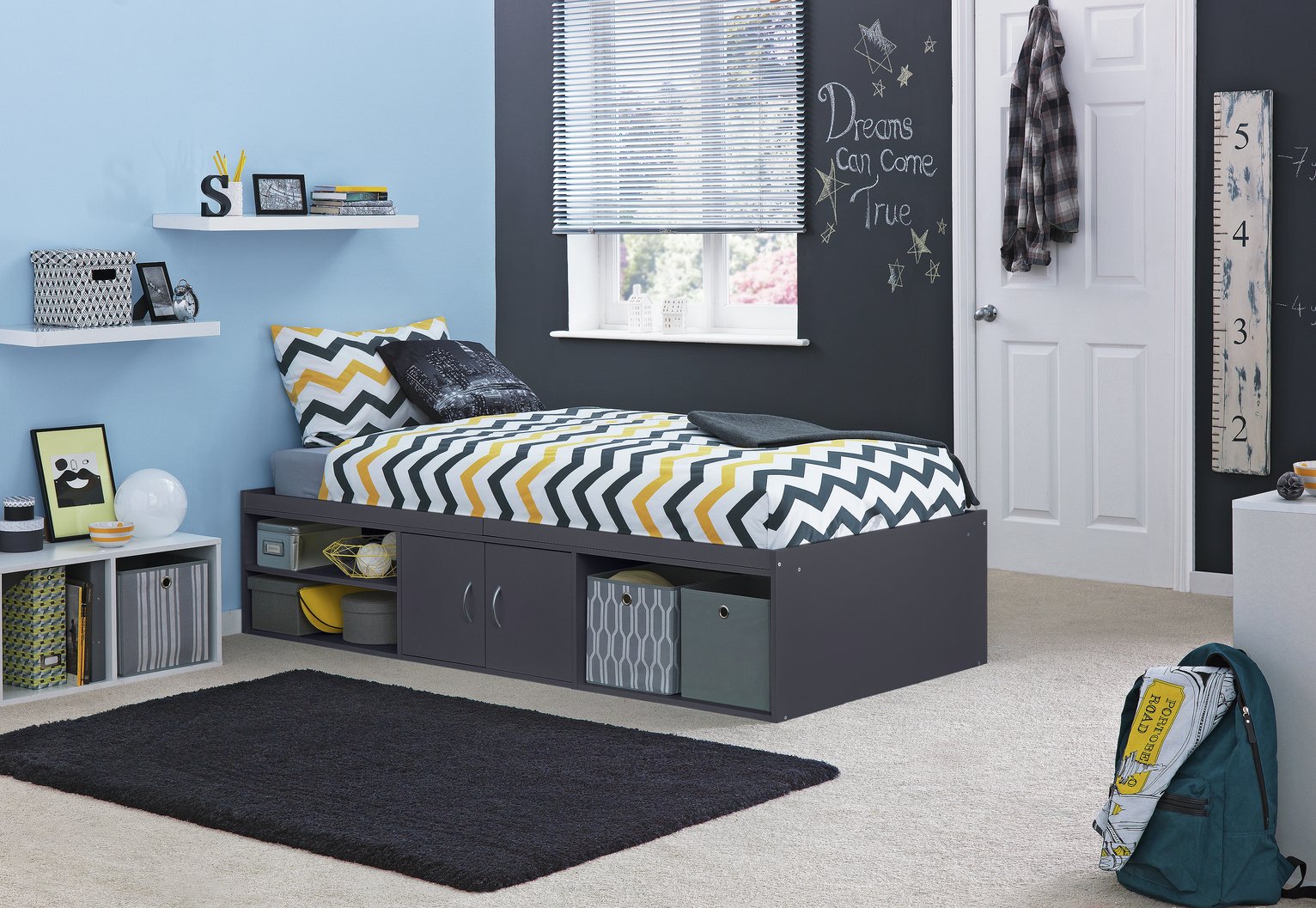 grey cabin bed with storage