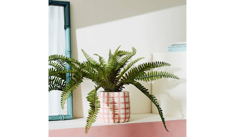 Bayswood Artificial Green Fern in Gingham Ceramic Pot - 14cm