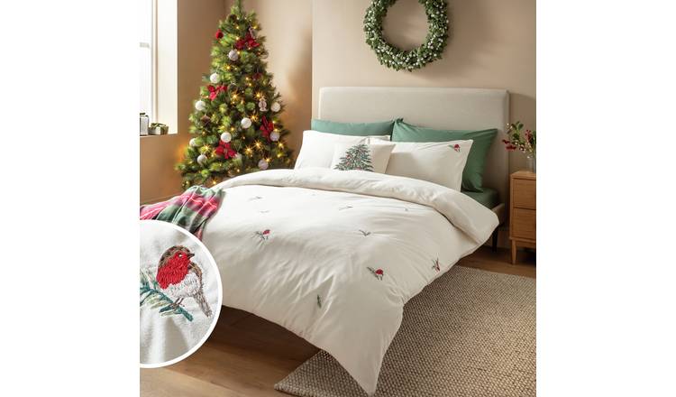 Argos Home Christmas Robin Embroidery Fleece Bedding Set - King size