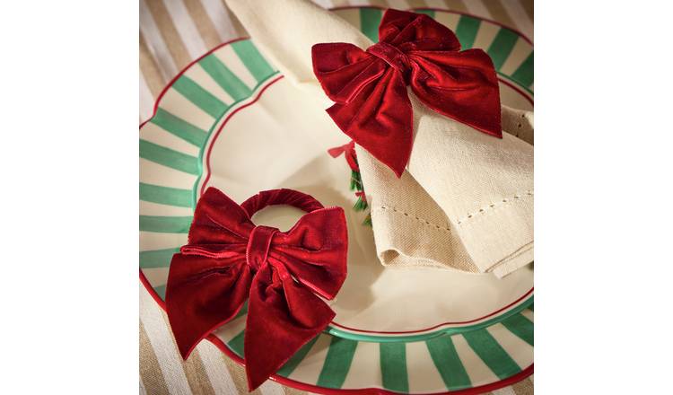 Argos Home Set of 4 Velvet Bow Napkin Rings - Red