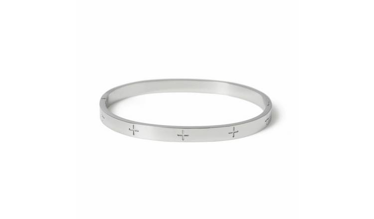 Uncommon Souls Silver Tone Stainless Steel Cross Bangle