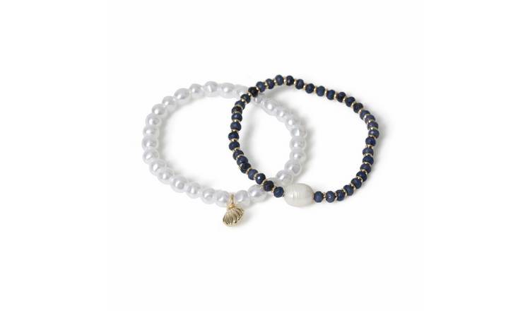 Freedom Pearl and Blue Bead Stretch Bracelet Set