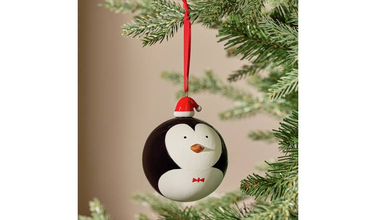 Argos Home Penguin with Santa Hat Glass Christmas Bauble