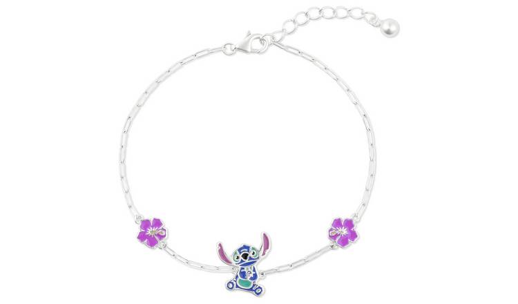 Disney Sterling Silver Stitch and Pink Flower Charm Bracelet