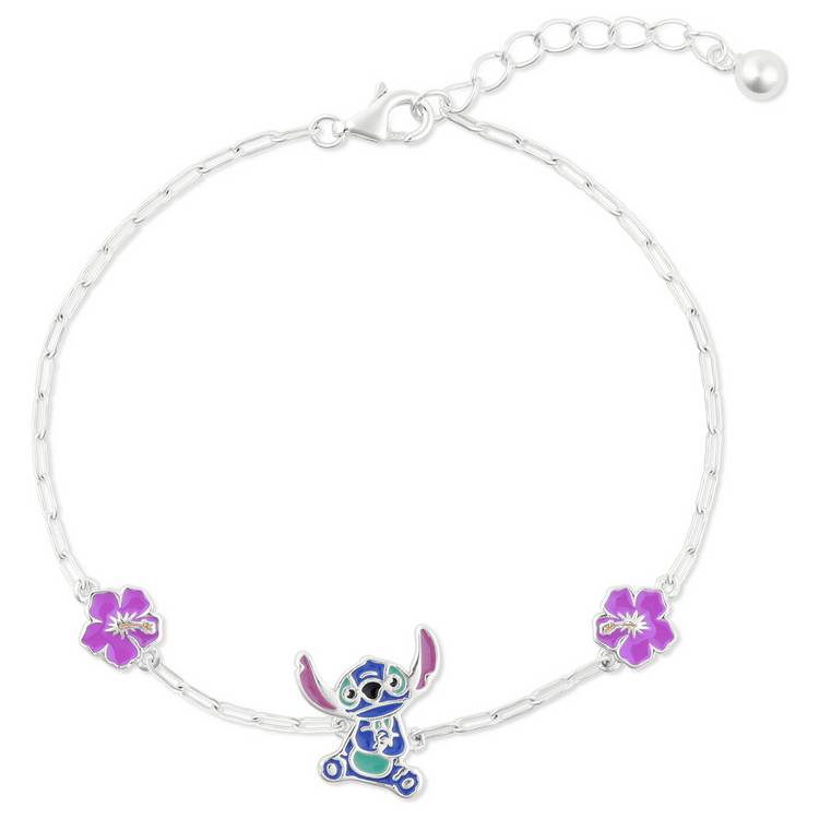 Disney Sterling Silver Stitch and Pink Flower Charm Bracelet 0