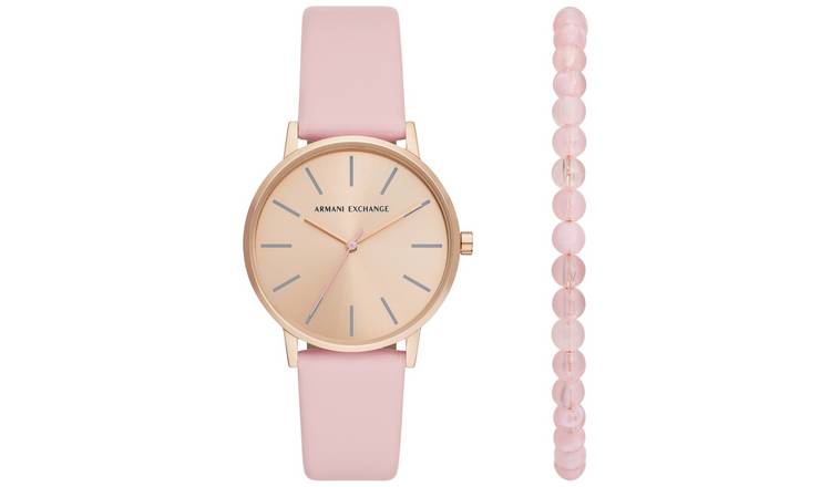 Armani Exchange Pink Leather Strap Watch and Bracelet Set