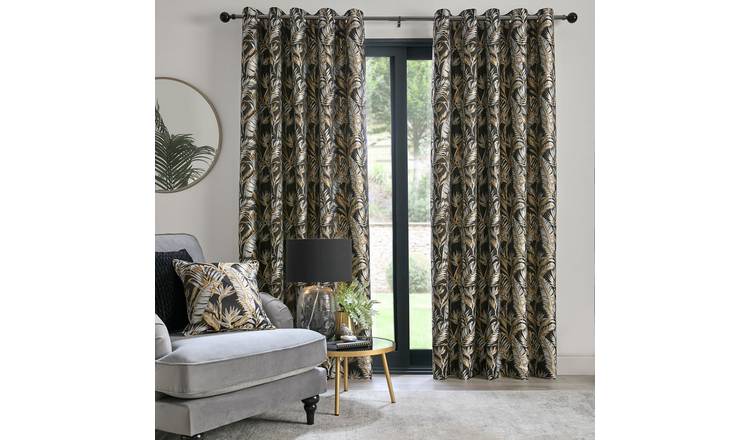 Laurence Llewelyn-Bowen Paradise Palm Leaf Eyelet Curtains - Black - 168x137cm
