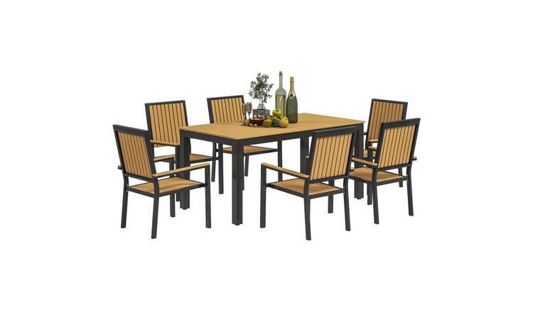Outsunny 6 Seater Aluminium Garden Dining Set with Stackable Chairs - Natural