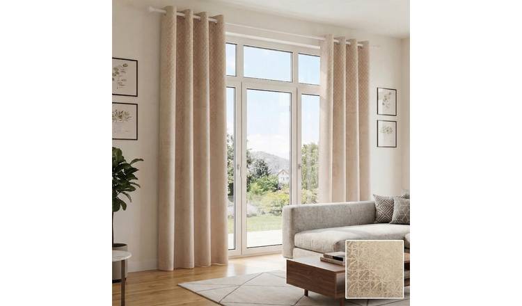 Luxury Living Temple Velvet Eyelet Blackout Curtains 117cm x 229cm - Latte