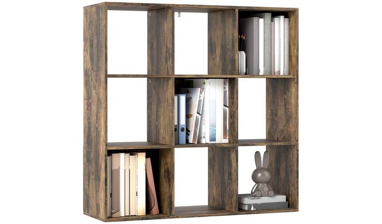 HOMCOM 3 Tier Modern Freestanding 9 Cube Storage Bookcase - Rustic Brown