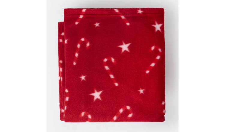 OHS Candycane Print Polar Fleece Blanket Throw 120 x 150cm - Red