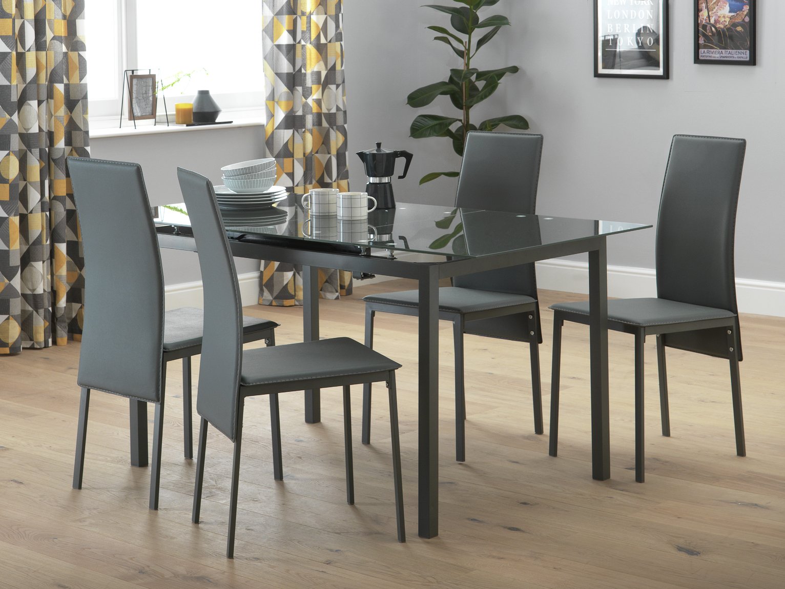 Argos Home Lido Glass Extending Dining Table & 4 Grey Chairs