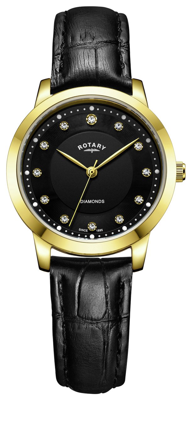 Rotary Ladies Diamond Set Dial Black Leather Strap Watch