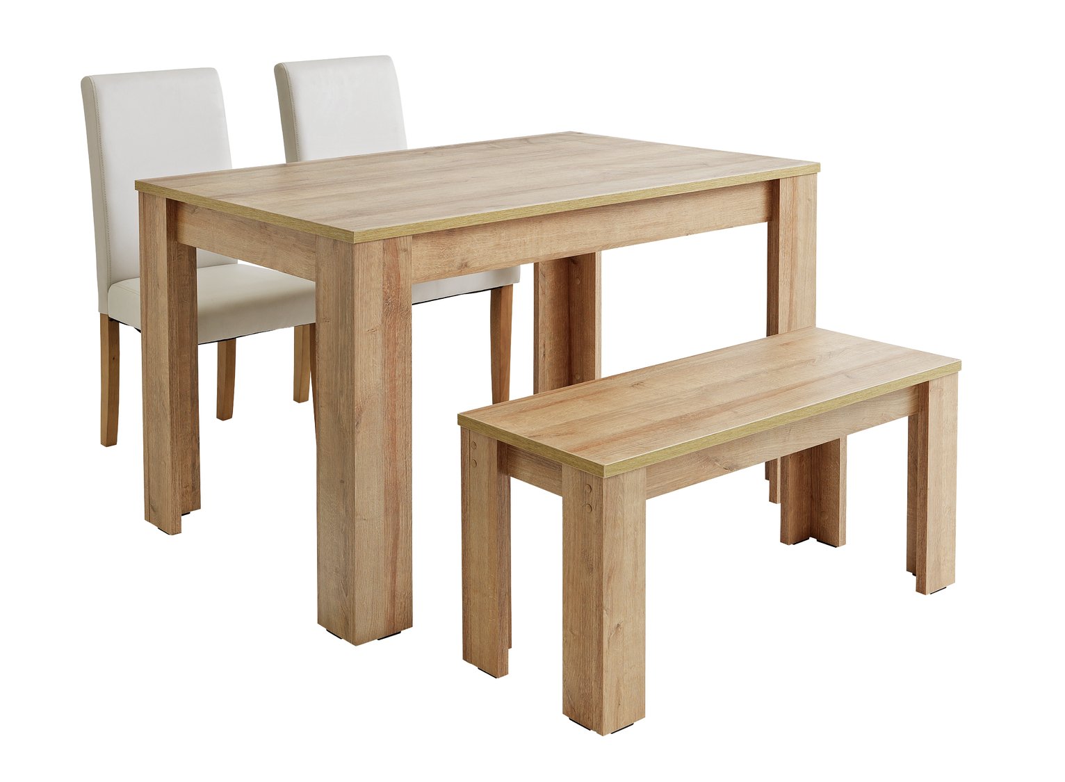 Argos Home Miami Oak Effect Table, Bench & 2 Cream Chairs