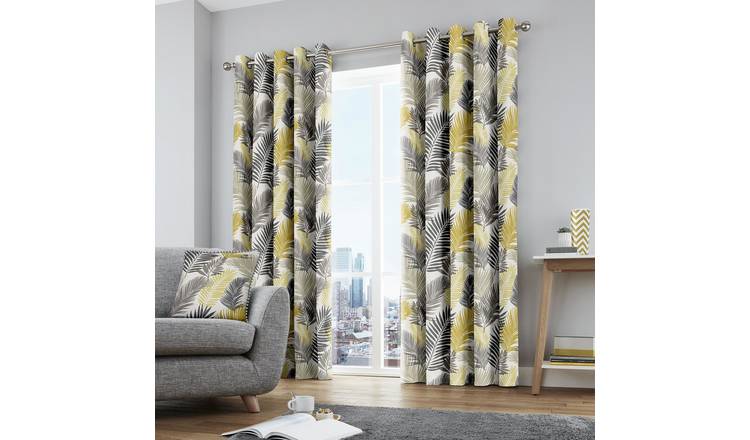 Fusion Tropical Palm Leaf Eyelet Curtains - Ochre - 117x137cm