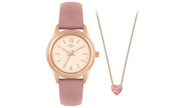 Spirit Ladies Pink Strap Watch And Heart Stone Necklace Set