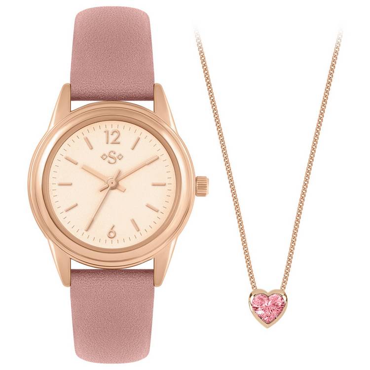 Spirit Ladies Pink Strap Watch And Heart Stone Necklace Set 0
