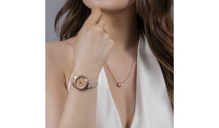 Spirit Ladies Pink Strap Watch And Heart Stone Necklace Set