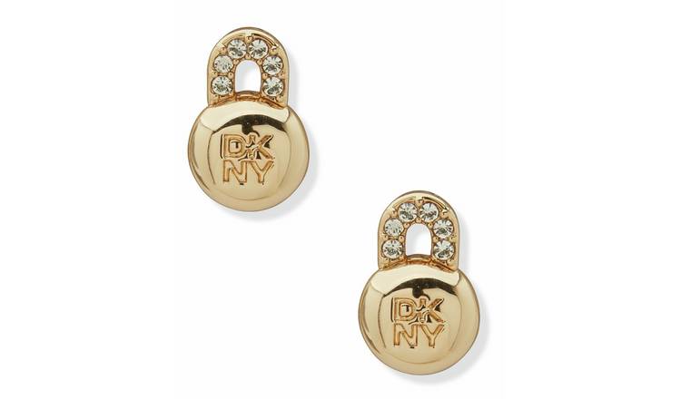 DKNY Gold Tone Pave Logo Lock Stud Earrings