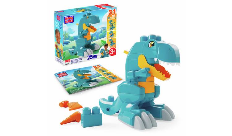 MEGA BLOKS Fisher-Price Build & Chomp Dinosaur T-Rex Block Toy with Wheels