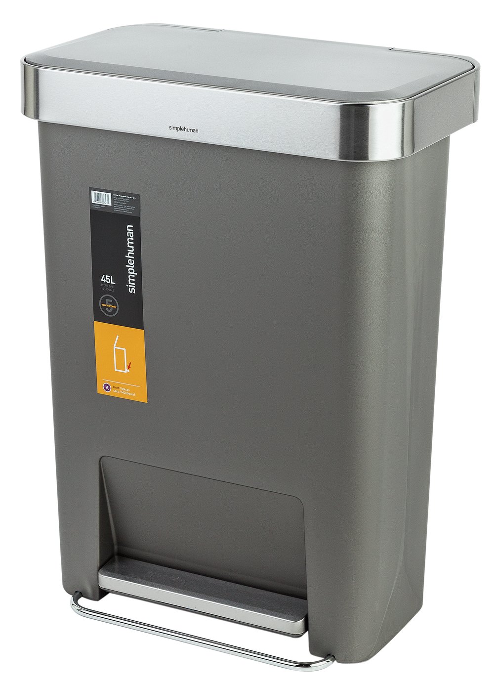 simplehuman 45 Litre Liner Pocket Pedal Bin - Grey.