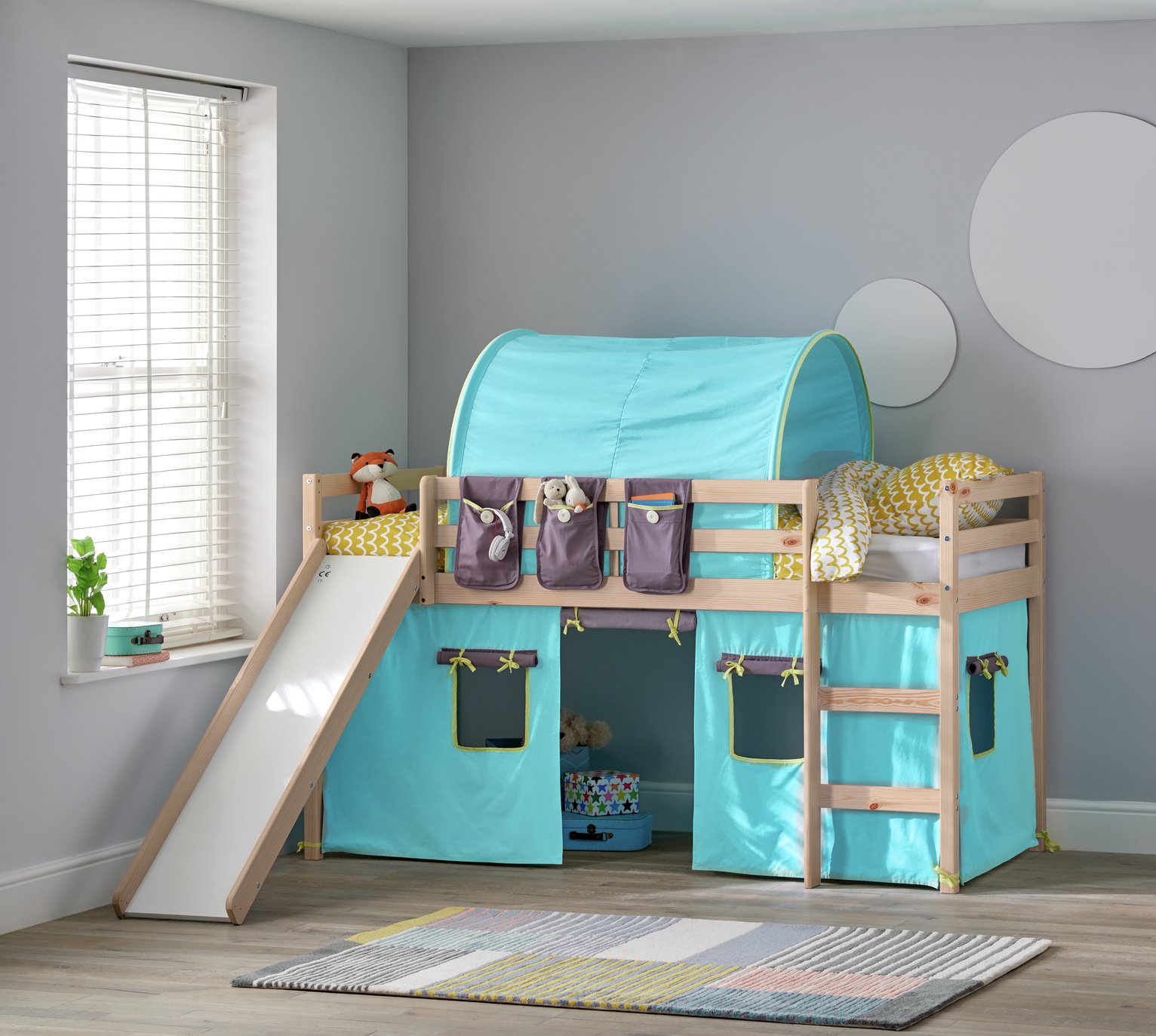 Argos Home Kaycie Pine Mid Sleeper with Slide & Blue Tent