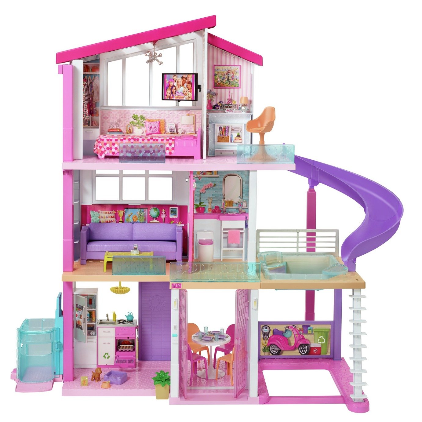 complete barbie home set with 3 dolls and pool