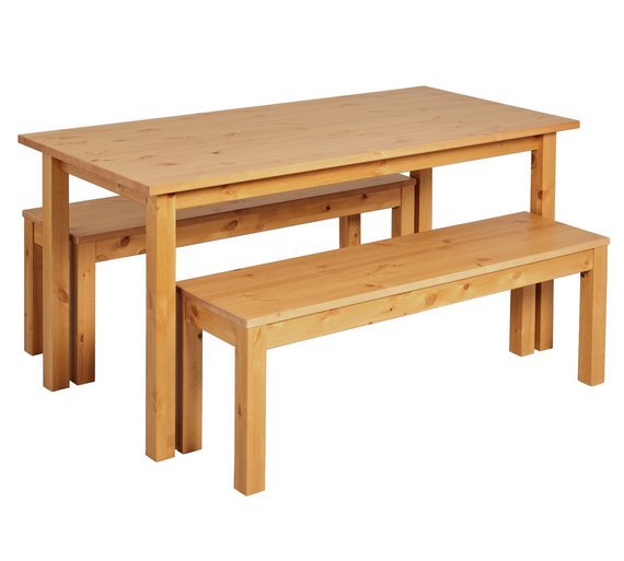 Argos Home Ashdon Solid Wood Table & 2 Oak Stain Benches