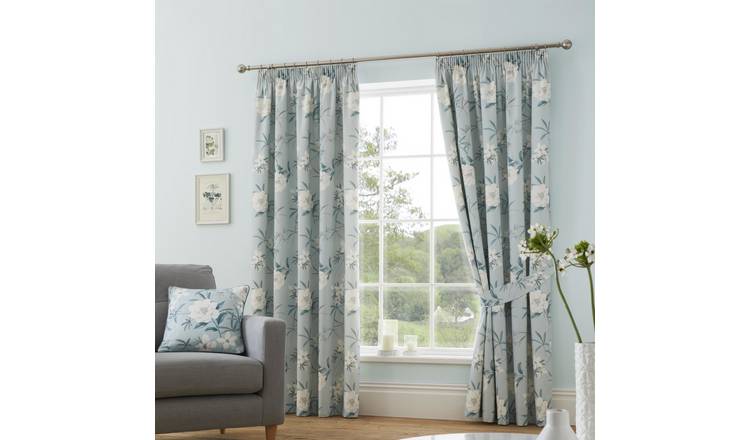D&D Eve Floral Pencil Pleat Curtains - Duck Egg - 117x137cm