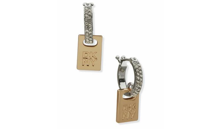 DKNY Gold & Silver Tone Pave Logo Tag Hoop Earrings