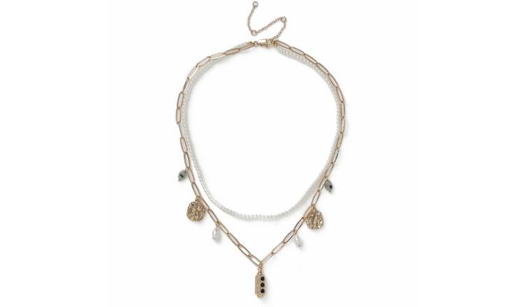 Freedom Gold Tone Charm Chain and Pearl Multi Layer Necklace