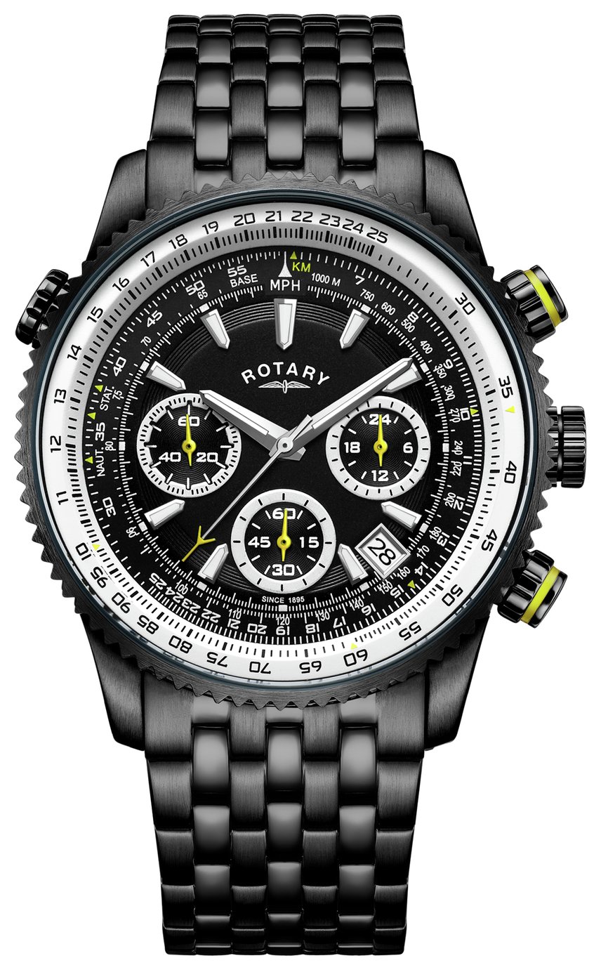 rotary men's black ip stainless steel pilot style watch