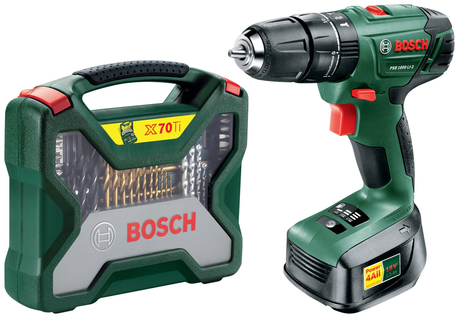 Bosch PSB1800 Cordless Hammer Drill & 70 Pce Drill Set - 18V