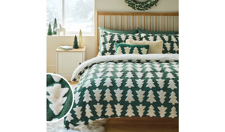 Argos Home Embossed Christmas Trees Fleece Green Bedding Set - King size