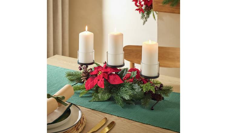 Argos Home Poinsettia, Berry & Foliage Centrepiece Decoration with Candle Holder