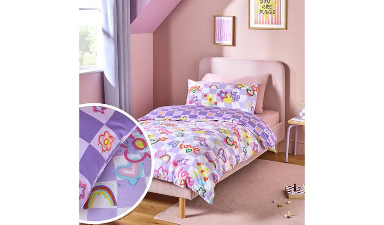 Argos Home Kids Girls Checkerboard Graffiti Purple Bedding Set - Double