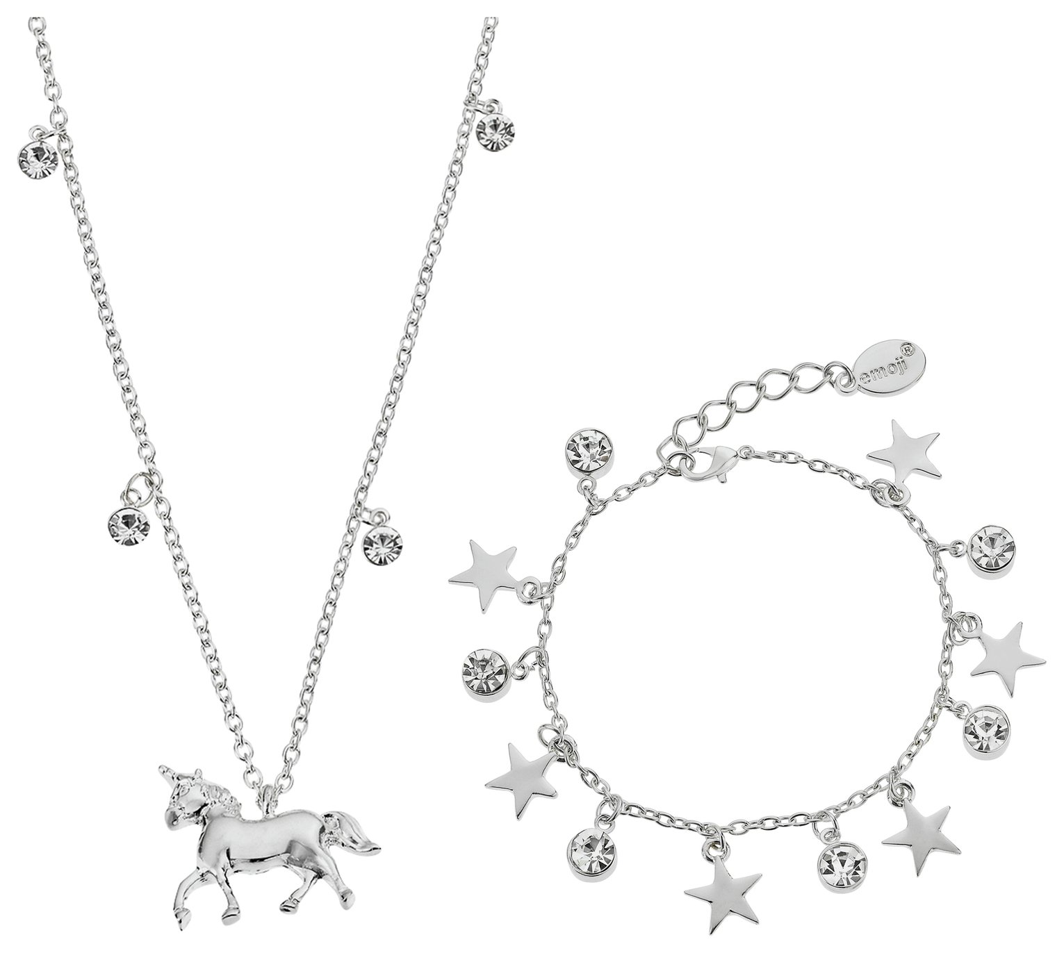 Emoji Unicorn Cubic Zirconia Pendant and Charm Bracelet Set