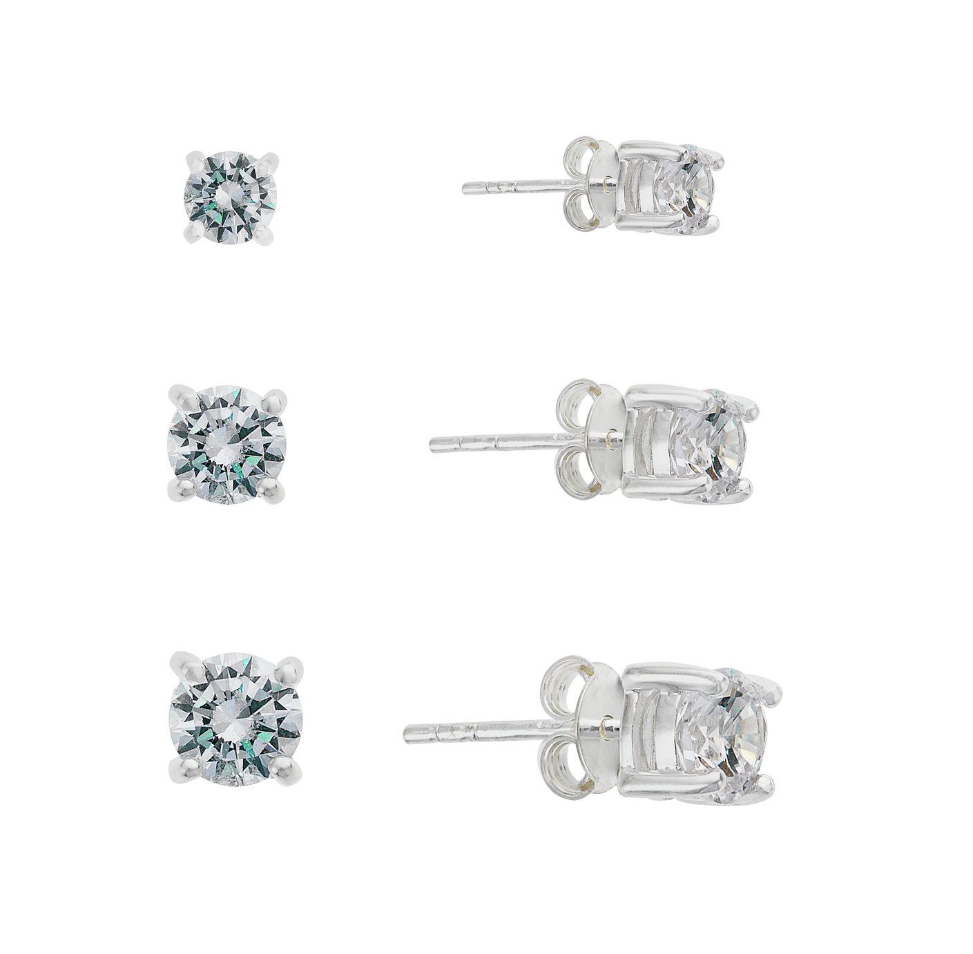 Sterling Silver Mens Cubic Zirconia Set of 3 Stud Earrings