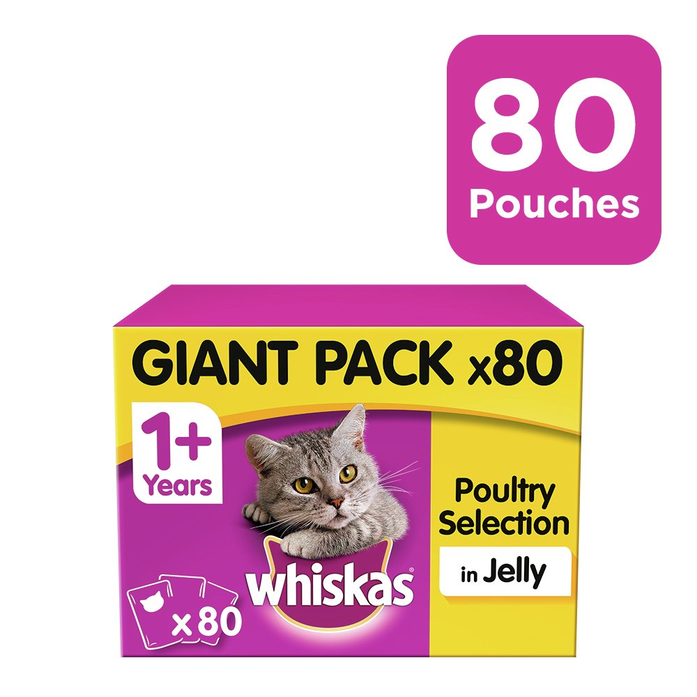 Whiskas 1  Wet Cat Food Pouches Poultry in Jelly 80 Pouches