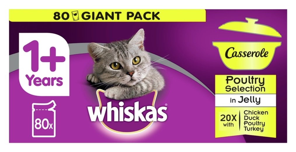 Whiskas 1+ Casserole Cat Food Pouche Poultry in Jelly 80x85g