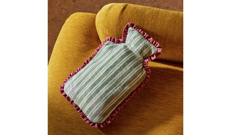 Argos Home Green Striped with Red Frill Velour Fabric Cover Hot Water Bottle